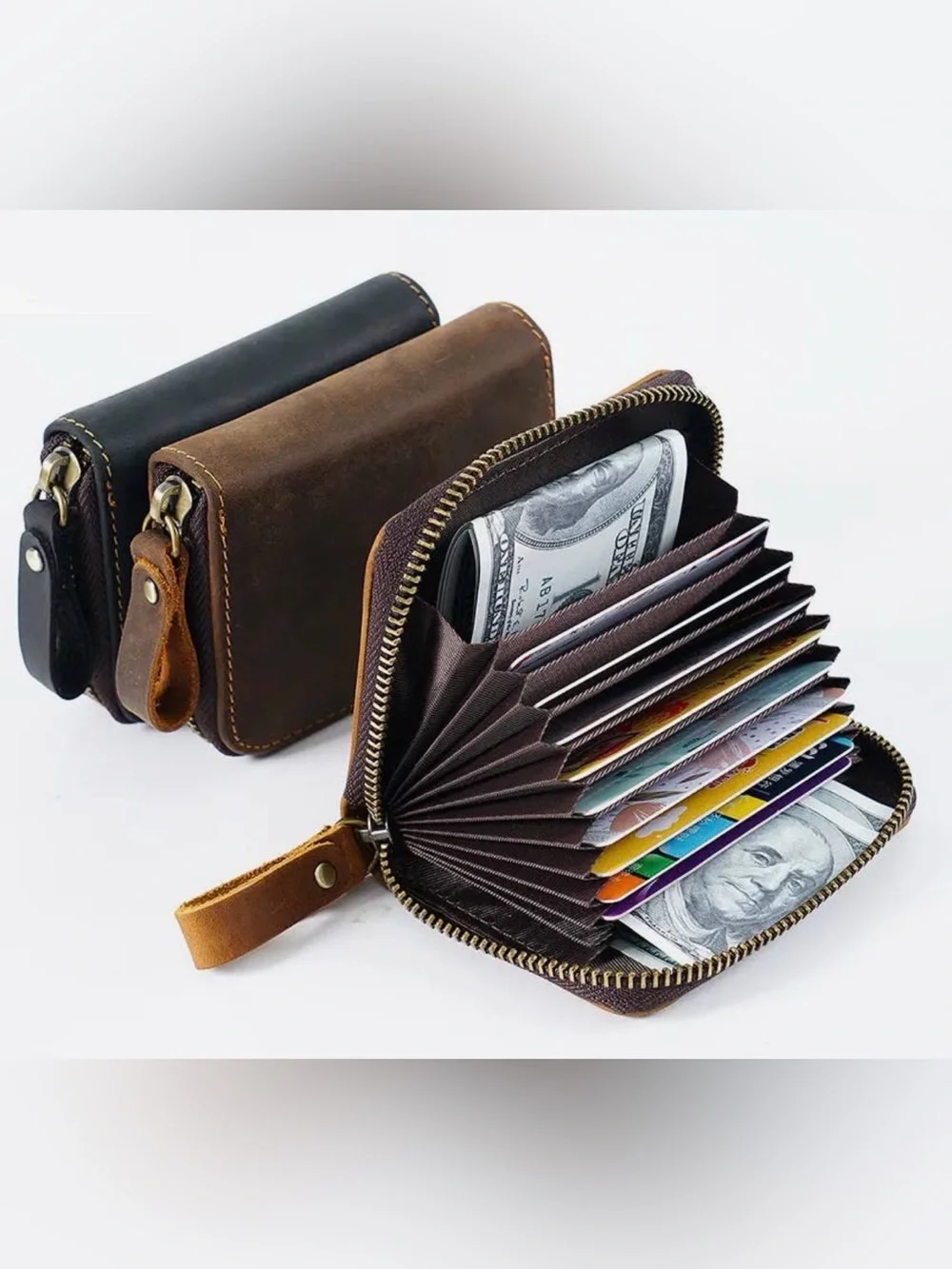 Men's Compact Leather Card Wallet - Brown crazy horse cowhide